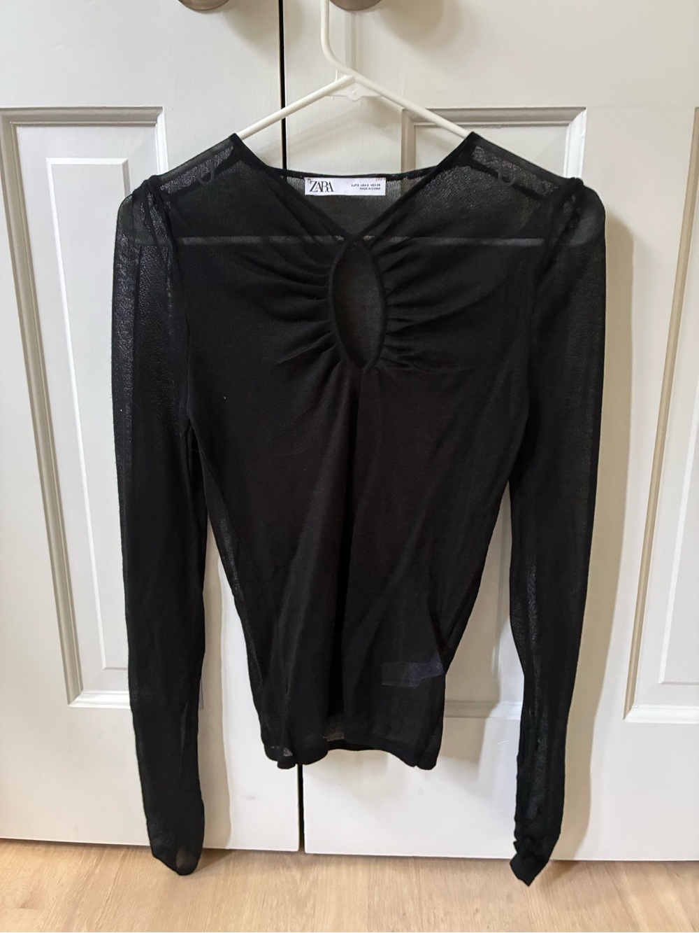 Zara Black Long-Sleeve Mesh Top with Keyhole Detail